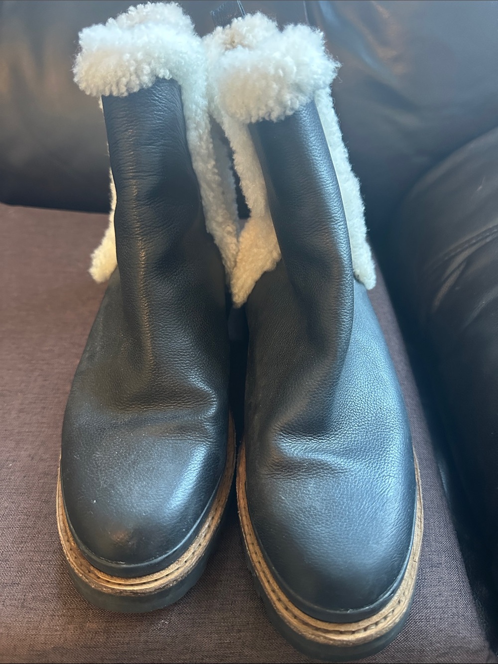 Black Leather Shearling-Trim Ankle Boots